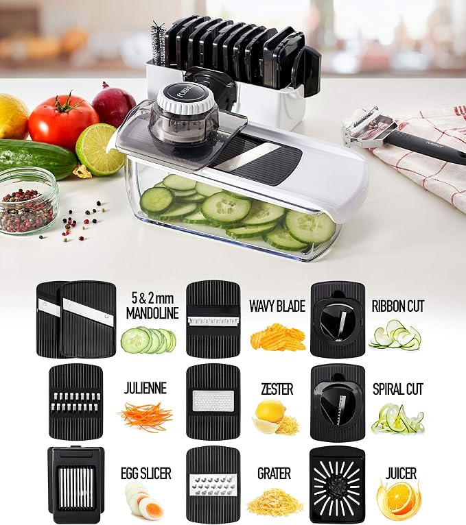 Fullstar Pro Mandoline Vegetable Slicer, Grater & Spiralizer with Container | 6 in 1 Fruit Cutter, Cheese Grater & Spiralizer with Safety Gloves, Stainless Steel Blades & Container (White/Black)