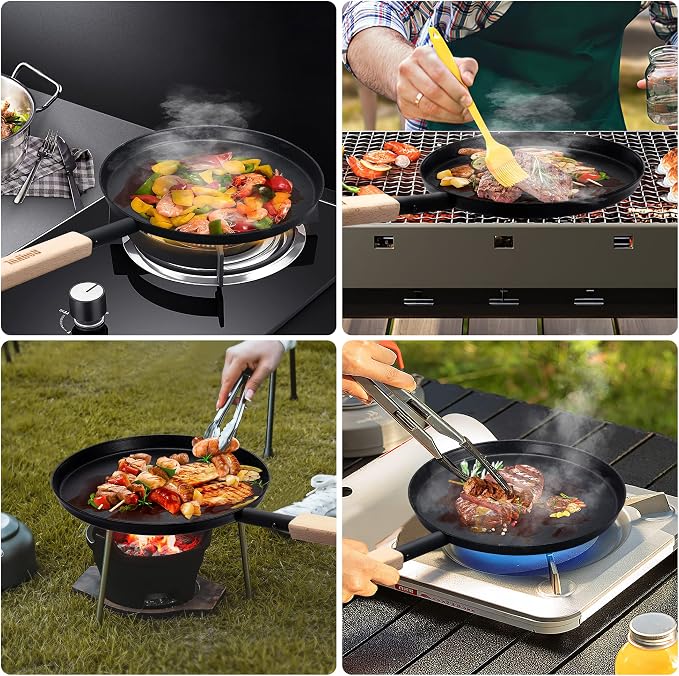 bodkar 8-inch Frying Pan Skillet Flat Crepe Pan, Lightweight Grill Pan with Wooden Handle for Camping Indoor Outdoor Cooking | Lightweight Grill Pan with Wooden Handle for Camping Indoor Outdoor Cooking (Black, #1 8-inch)
