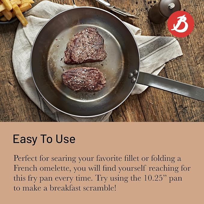 de Buyer MINERAL B Carbon Steel Fry Pan - 10.25” Diameter, 7.3” Cooking Surface - Ideal for Searing, Sauteing & Reheating - Naturally Non-Stick Finish - Made in France
