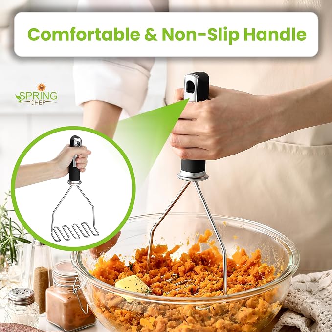 Spring Chef Stainless Steel Potato Masher, Heavy Duty Mashed Potato Smasher | Fruit & Food Smasher For Avocado, Banana, Eggs - Bean Smasher Tool - Durable Metal Mashing Kitchen Tool, Dishwasher Safe