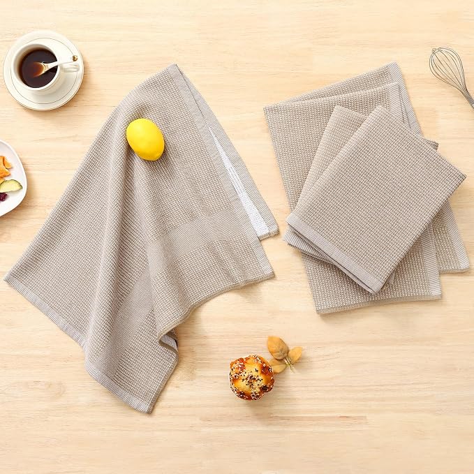 Homaxy 380 GSM Cotton Premium Kitchen Towels 12 Pack, 18"x 28", Khaki | Flat and Terry Dish Towels, Highly Absorbent Tea Towel Set with Hanging Loop, Soft Utility Kitchen Hand Towels