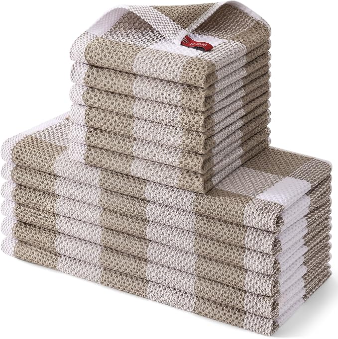 Homaxy Kitchen Towels and Dishcloths Set, Set of 12, White & Khaki | Bulk Cotton Waffle Weave Check Plaid Kitchen Towels, Super Soft and Absorbent Dish Cloths, 12 x 12 and 13 x 28 Inches
