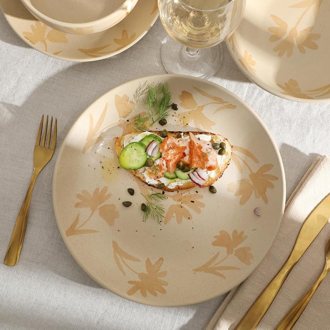Gibson Home Admiral Hall Plates and Bowls Set, 16-Piece Floral Dinnerware Set, Cream Stoneware Dish Set, Dinner Plates, Salad Plates, Pasta Bowls & Cereal Bowls