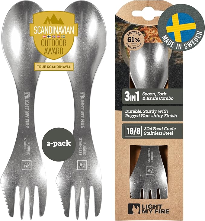 Light My Fire Sporks Stainless Steel (18/8) Camping Spork 2-Pack, Unbreakable Fork Spoon Knife Set - Sporks Reusable Camping Utensils, Durable & Lightweight Metal Spork, Outdoor Hiking Survival Gear