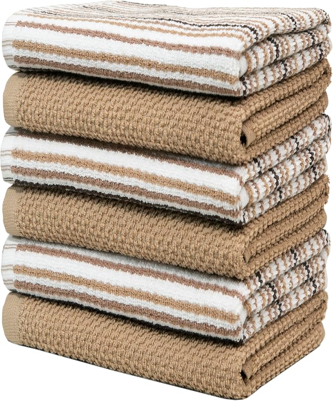 Bumble Kitchen Towels 6 Pack 100% Cotton 16"x26" - Tan | 430 GSM Soft Kitchen Hand Towels with Hanging Loop, Highly Absorbent & Durable for Washing and Drying Dishes