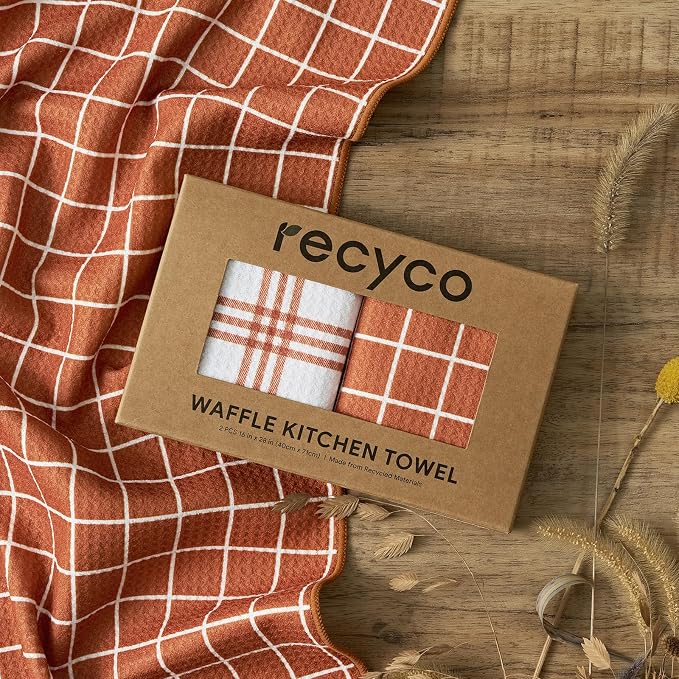 RECYCO Waffle Kitchen Towel Set of 2 - Quick Dry Microfiber Sustainable Dish Towels - Ultra Absorbent Reusable Cleaning Tea Towels - Lightweight Hand Towels,16”x 28”, Farmhouse Plaid