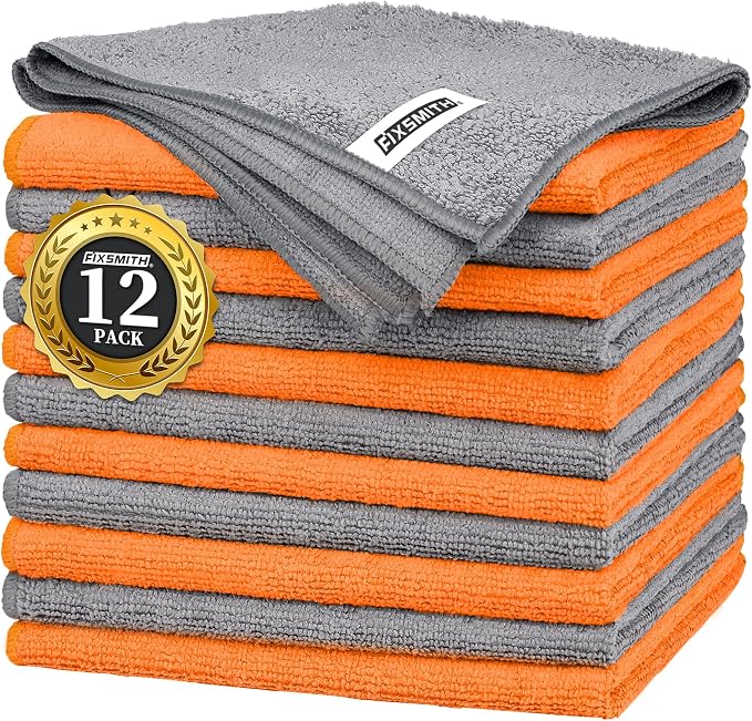 Microfiber Cleaning Cloth -Pack of 12, Highly Absorbent Cleaning Rags(Grey&Orange), 16"X12" All Purpose Cleaning Towels for Housekeeping, Kitchen, Car, Reusable Microfiber Towels