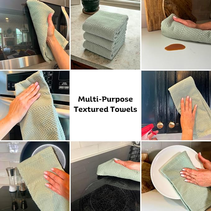 Sage Green Kitchen Hand Dish Towels, Set of 3, 100% Cotton, 18" x 28" | Terry Loop Textured, Soft & Absorbent Cleaning Cloth, Quick Dry, Multipurpose for Everyday Use