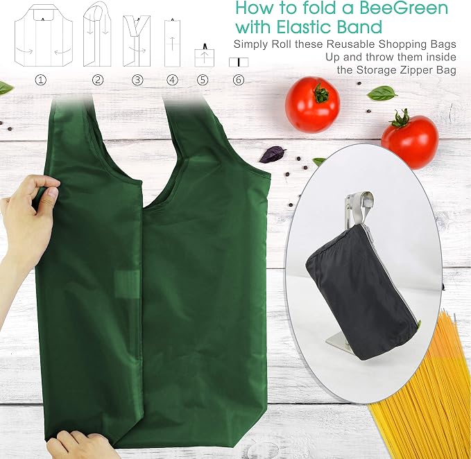BeeGreen Christmas Green Reusable Grocery Bags Dark Green Reusable Kitchen Bags Bulk Foldable-Machine Washable with Zipper Storage Pouch 50 Packs
