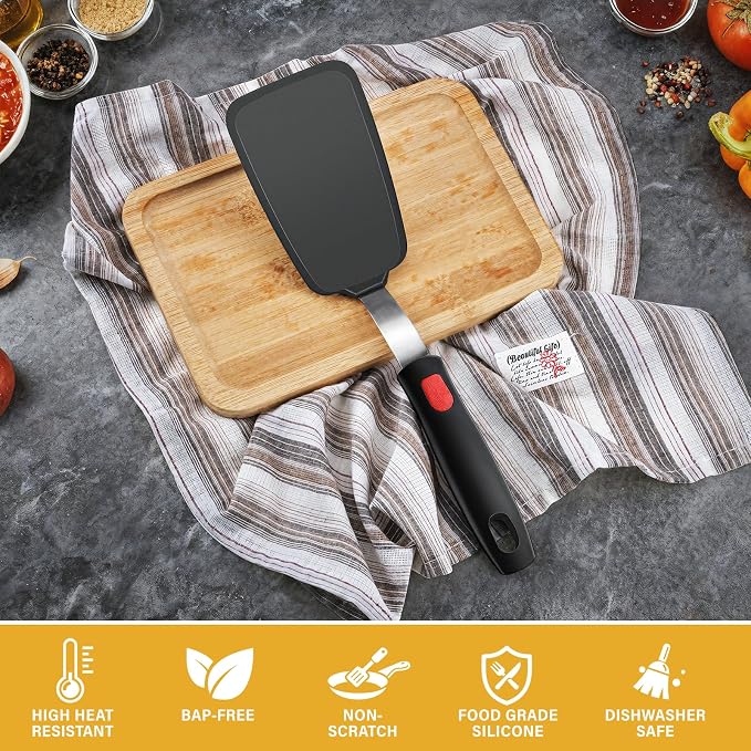 Flexible Silicone Spatula Turner, Heat Resistant Silicone Turner for Non-Stick Cookware, BPA-Free Food Grade Kitchen Spatula Utensils, Ideal for Flipping Eggs, Burgers, Pancakes, 11.8 x 2.4 in, Black