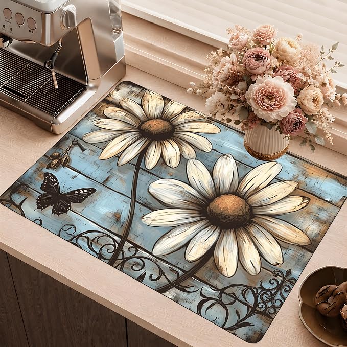 Daisy Stove Cover 28.3 x 20.5 Inches, Farmhouse Stove Top Protector, Heat Resistant Non Slip Glass Electric Stove Cover Board, Rustic Floral Kitchen Decor Mat (White sunflower)
