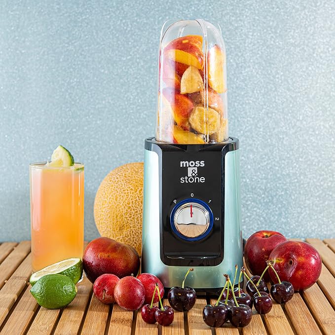 Moss & Stone Personal Smoothie Blender, Single Serve Blender for Shakes & Protein, 17oz Blend Cup & 10oz Grind Cup, Compact Mini Design for Home, Office, Gym & Travel