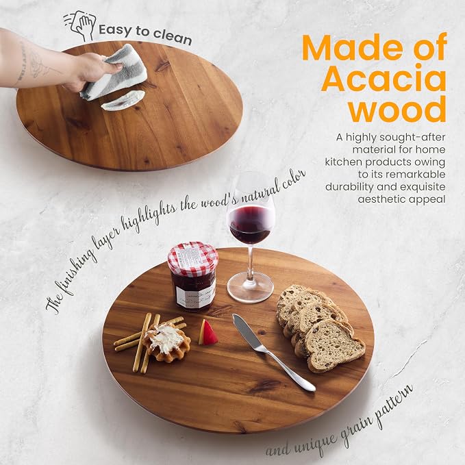TIDITA 16" Wooden Lazy Susan Organizer for Cabinet, 360° Rotation, No Rim | Solid Acacia Wood, Non-Skid Pads, Swivel Round Lazy Susans Turntable for Countertop, Decorative Tray, Cheese Board, Multi-Use