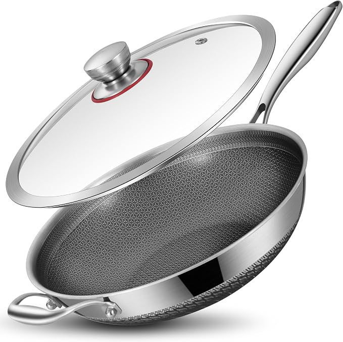 LOLYKITCH Hybird Nonstick Wok Pan with Lid | 12-Inch | Detachable Handle | Non Toxic | Tri-Ply Stainless Steel | Ceramic Coating | Stir Fry Pan | Induction Compatible | Dishwasher & Oven Safe