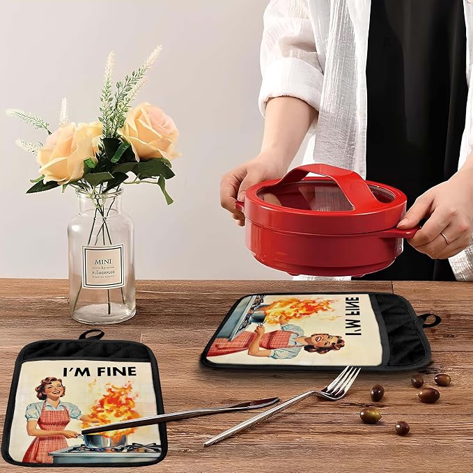 I'm Fine Funny Kitchen Pot Holders with Pockets, Humorous Cooking Housewife Oven Pot Holders Heat Resistant Oven Mitts Hot Pads for Kitchen Baking Cooking