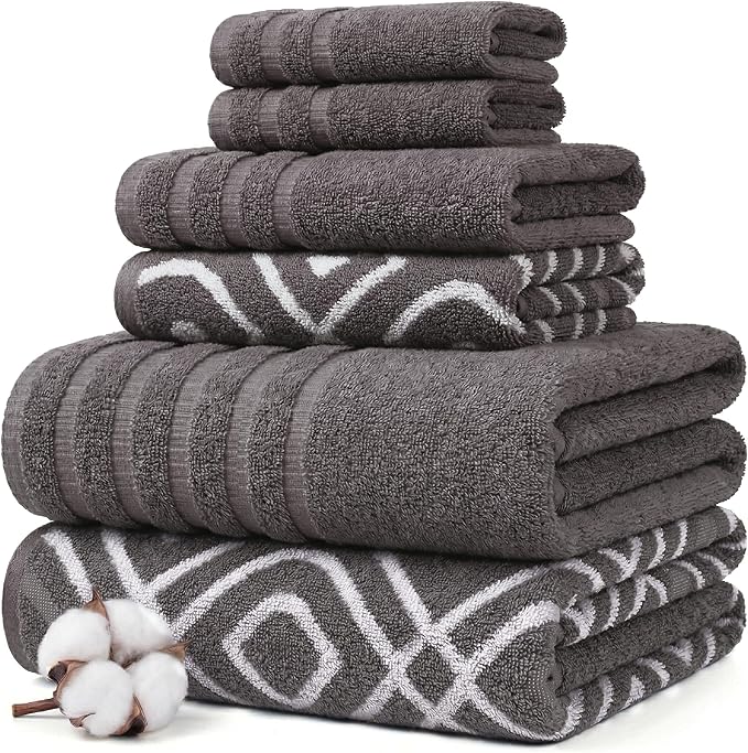 Modern Threads 6 Piece Bath Towel Set – Bathroom Set with 2 Bath Towels, 2 Hand Towels, and 2 Wash Cloths – 100% Cotton, Super Absorbent & Extra Soft – Reversible Classic Diamond (Gray)