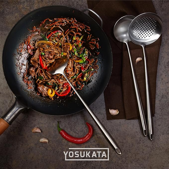 YOSUKATA Carbon Steel Wok Pan – 13,5 “ Stir Fry Pans PLUS 17" Wok Spatula and Ladle Skimmer Spoon - Stainless Steel Cooking Utensils Set