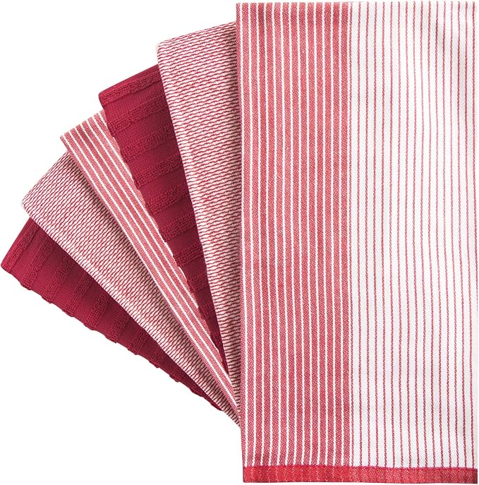 Premium Kitchen Towels 6 Pack 100% Cotton, 20"x28" Dish Towels - Red | Large Flat & Terry Kitchen Linen Set with Hanging Loops, Highly Absorbent for Washing and Drying Dishes