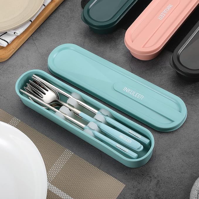 iNKULEER Travel cutlery set, 18/8 stainless steel cutlery, Reusable utensils set with case, Portable Silverware Lunch Box for Camping and Office (Blue)