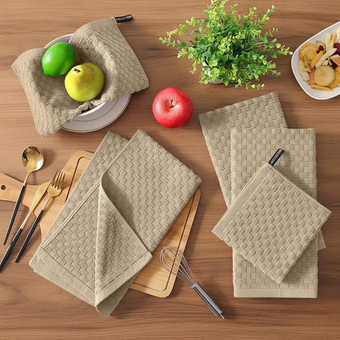 Homaxy 100% Cotton Terry Kitchen Towels(15" x 25", 8 Pack), Tan | Soft and Super Absorbent Dish Towels, 380 GSM Reusable Tea Towel with Hanging Loop, Pineapple Grid Designed