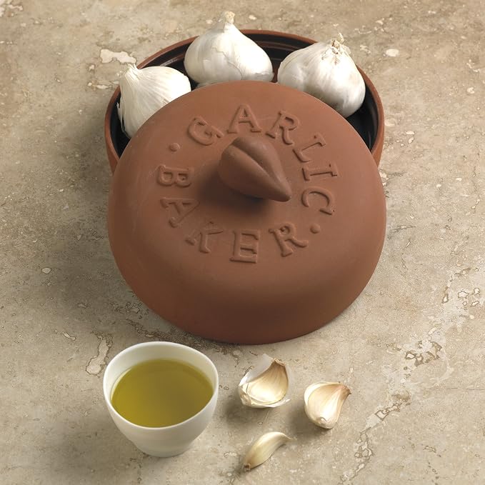 Fox Run Garlic Baker, 7-Inch, Terra Cotta | Oven, Microwave & Convection Oven Compatible | Dish & Lid For Roasting Bulbs of Garlic | Cute Terracotta Oven Garlic Baker