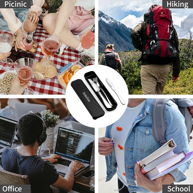 5-pieces Travel Set with Case Portable Silverware Utensils Set for work, Stainless Steel Reusable Flatware Set Cutlery Set for Camping Picnic Hiking Office (silver, 5.9)