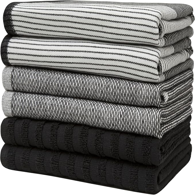 Premium Kitchen Towels 6 Pack 100% Cotton, 20"x28" Dish Towels - Black | Large Flat & Terry Kitchen Linen Set with Hanging Loops, Highly Absorbent for Washing and Drying Dishes