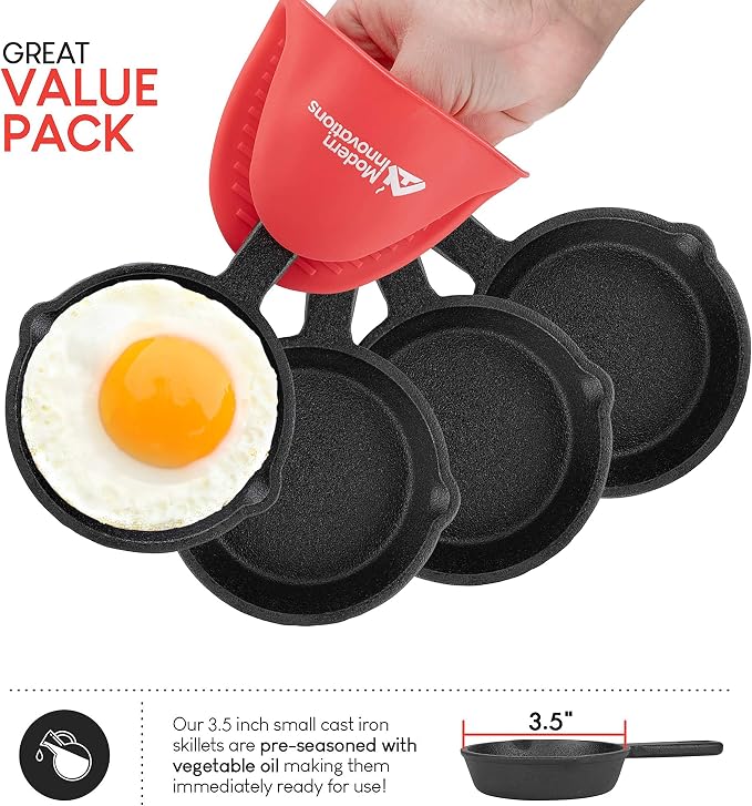 Modern Innovations Mini Black Cast Iron Skillet Set with Silicone Mitt (4 Count) - 3.5 Inch Pans, Pre Seasoned Small Skillets for Baked Cookie/Brownie or Cooked Eggs