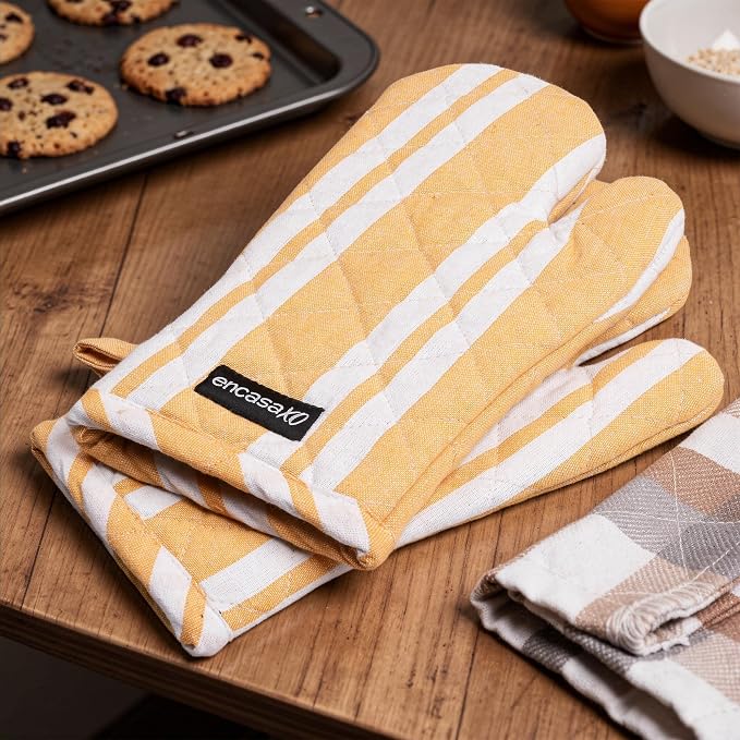 Encasa XO Oven Mitts, Heat Resistant Kitchen Gloves, Microwave | Franca Yellow Stripes, 100% Cotton | Diamond Quilted Insulation | Pot Holders | Hanging Loop | Barbecue & Grill | Set of 2