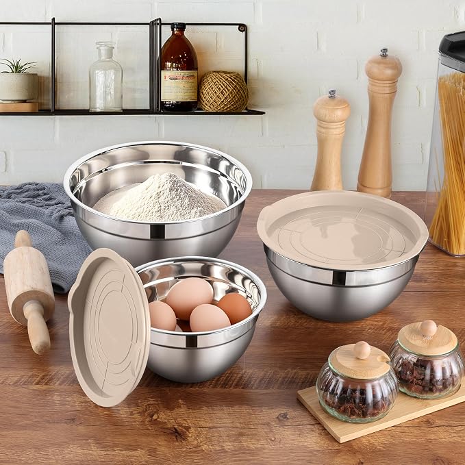 LIANYU Mixing Bowls with Lids Set, 3 Packs Stainless Steel Metal Bowls | Ideal for Prepping, Cooking, Storage, Serving, Freezer & Dishwasher Safe, 1.5QT & 3QT & 4.6QT, Khaki