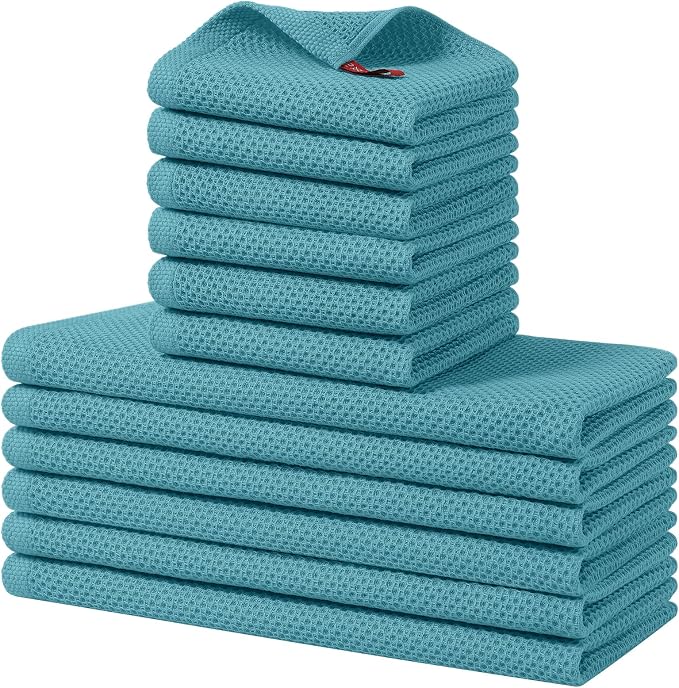 Homaxy 12 Pack 100% Cotton Kitchen Towels and Dishcloths Set, Lake Blue | 12 x 12 Inches and 13 x 28 Inches Kitchen Towels Set, Ultra Soft Absorbent Dish Cloths for Washing Dishes