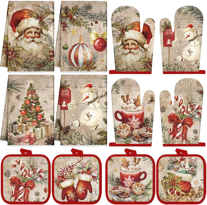 SiliFine 12 Pcs Christmas Kitchen Accessories Set Retro Snowman Pot Holders Vintage Santa Oven Mitts Xmas Tree Kitchen Towels for Farmhouse Christmas Home Decorations, Cooking Baking Holiday Gifts