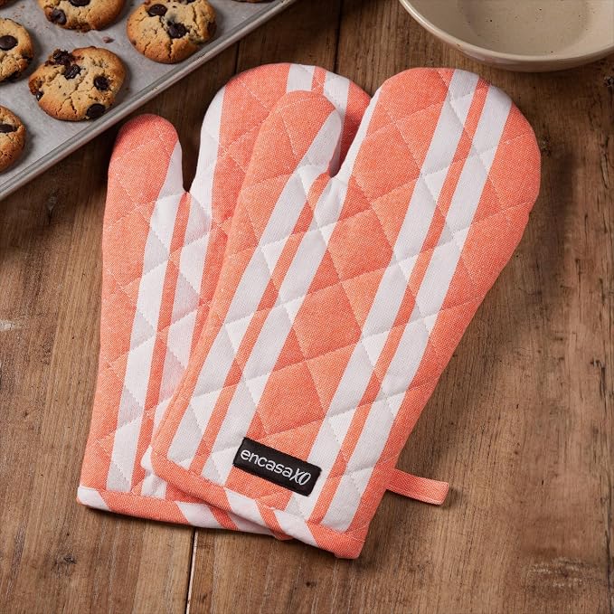 Encasa XO Oven Mitts, Heat Resistant Kitchen Gloves, Microwave | Franca Orange Stripes, 100% Cotton | Diamond Quilted Insulation | Pot Holders | Hanging Loop | Barbecue & Grill | Set of 2