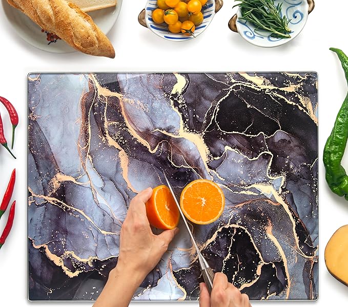 Glass Cutting Board 20”x16”: Tempered Glass Kitchen Counter Protector - Durable- Scratch-Resistant, Heat-Proof - Design 8 - Grey & Gold