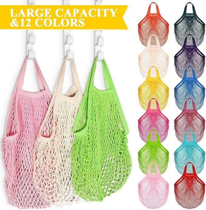 Shappy 12 Pack Reusable Mesh Grocery Bags Large Crochet Market Bag Cotton Kitchen Tote for Fruit Vegetable Storage