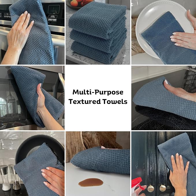 Teal Dark Blue Kitchen Hand Dish Towels, Set of 3, 100% Cotton, 18" x 28" | Terry Loop Textured, Soft & Absorbent Cleaning Cloth, Quick Dry, Multipurpose for Everyday Use