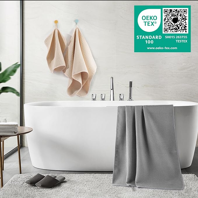 POLYTE 430 GSM Poly Blend Microfiber Quick Dry Waffle Bath Towel Set of 6 | 2-Body Towels, 2-Hand Towels, 2-Wash cloths, Oversize, Lint Free