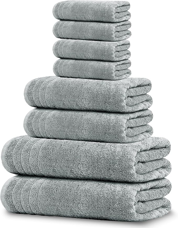 8 Piece Towel Set, 2 XL Bath, 2 Hand, 4 Washcloth, Cool Grey | 100% Cotton, Lighter Weight, Quicker to Dry, Super Absorbent, Perfect for Bathroom