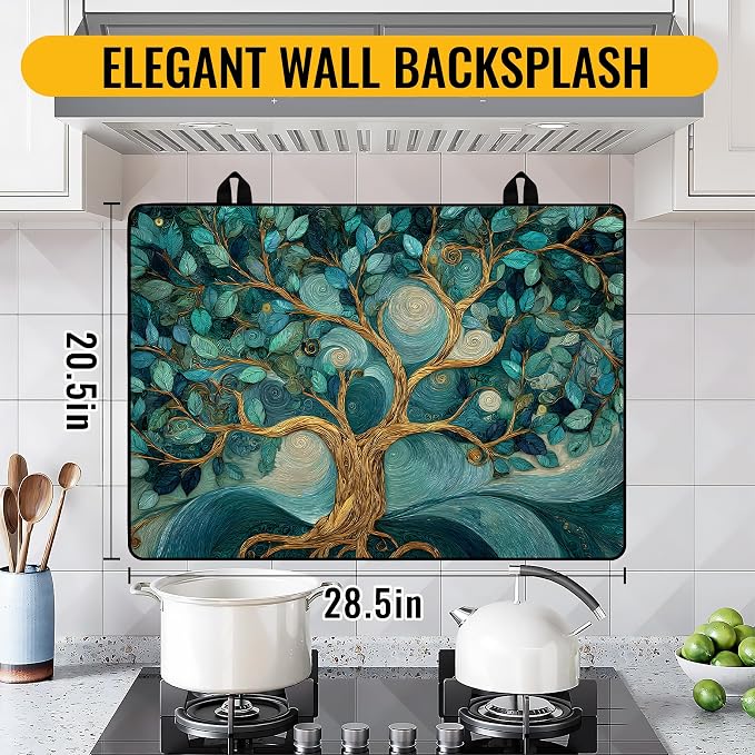 NYZE Stove Top Cover for Electric Stove 28x20 Inch Silicone Stove Topper & Protector, Decorative Kitchen Mat for Electric/Glass Stove Top (Teal Swirl Tree)