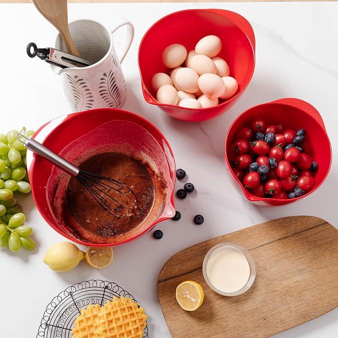 Mixing Bowls Set, 3 Piece Melamine Nesting Bowls with Pour Spout, Non-Slip Base, Great for Prepping, Baking, Mixing Cooking, BPA free and Dishwasher Safe, Red