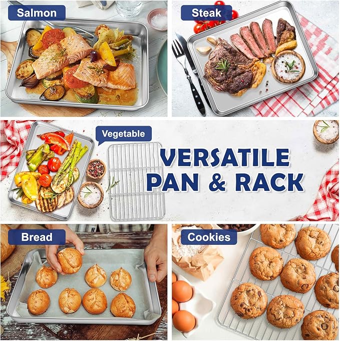 12.5” Baking Sheet Pan with Rack, Joyfair Stainless Steel Toaster Oven Tray | Bakeware Cookie Pan & Cooling Rack for kitchen bake Jelly Roll/Bacon/Meat, Commercial Metal & Rust-free, Dishwasher Safe