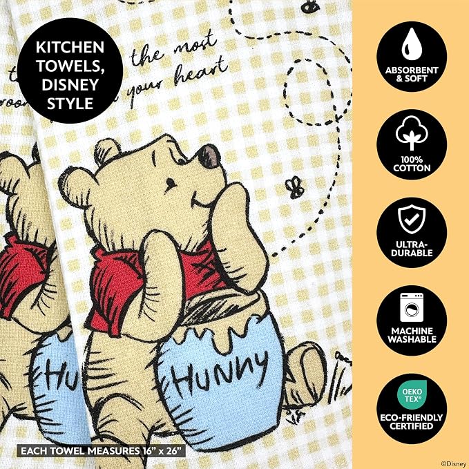 Disney Winnie the Pooh Cotton Kitchen Towels & Mini Oven Mitts, 4-Piece Set | Absorbent, dries dishes fast, machine washable, mitt grip resists heat to 350F and is hand wash only, great for gifting