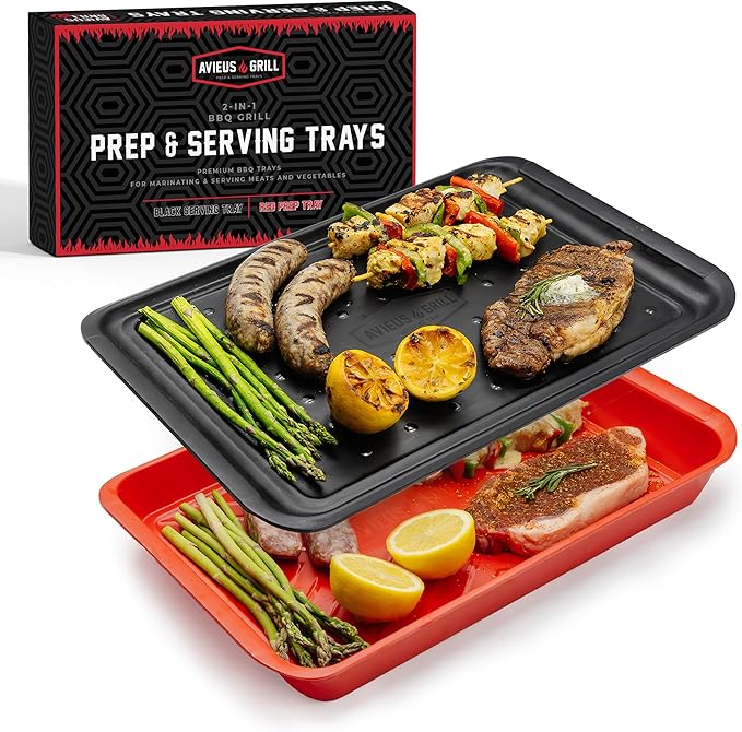 AVIEUS Grill Prep and Serve Trays | Set of 2 Stackable, Melamine Trays | Serving Tray & Marinating Tray | Serving Platter for Plating Food & BBQ Prep Tub for Marinating Meats | Grill Accessories |