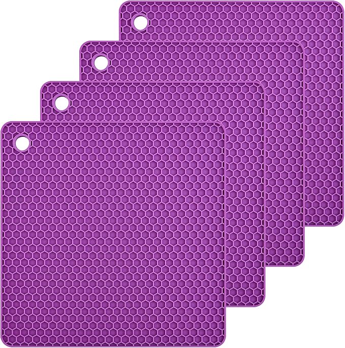 Silicone Trivet Mat Pot Holder for Countertop Pads Heat Resistant Table Placemats 4 Pack,Size:7.5x7.5 Inch, Color:Purple