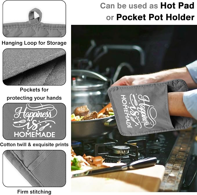 6Pcs Cotton Oven Mitts and Pot Holders Set Happiness is Homemade Heat Resistant Hot Pad Machine Washable Microwave Gloves with Hanging Loop Pocket Potholder for Kitchen Baking Cooking Grilling