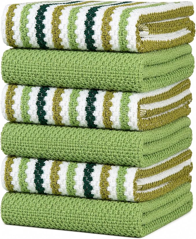 Bumble Kitchen Towels 6 Pack 100% Cotton 16"x26" - Sage Wide Stripe | 430 GSM Soft Kitchen Hand Towels with Hanging Loop, Highly Absorbent & Durable for Washing and Drying Dishes