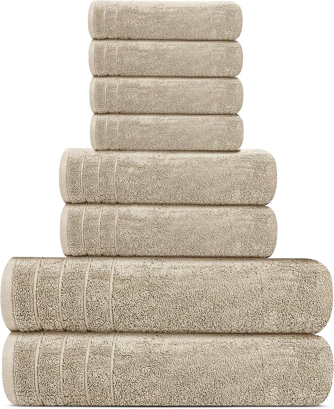 8 Piece Towel Set, 2 XL Bath, 2 Hand, 4 Washcloth, Beige | 100% Cotton, Lighter Weight, Quicker to Dry, Super Absorbent, Perfect for Bathroom
