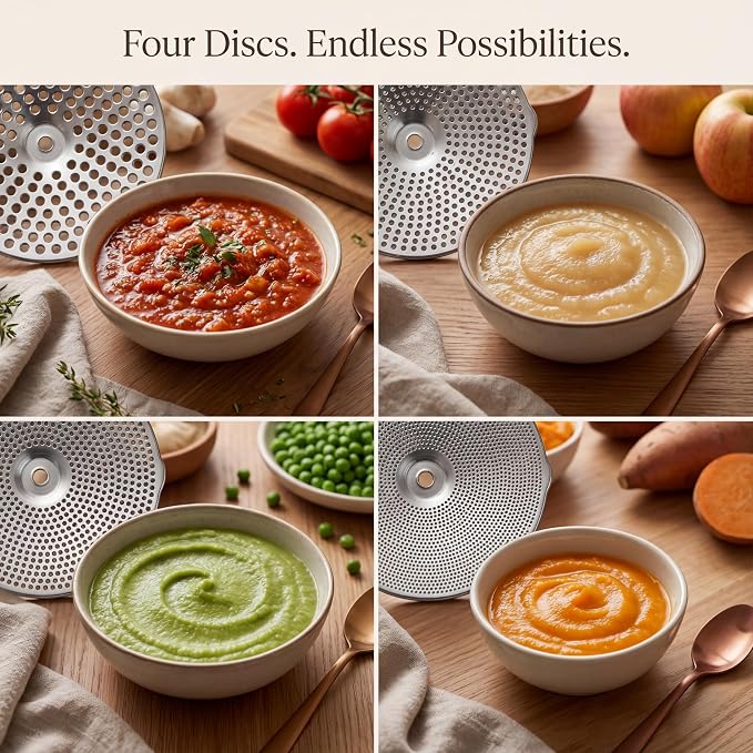 Hungry Artisan 4-Disc Food Mill for Jams, Purees & Silky Sauce | Stainless steel, ergonomic rotary crank; also for tomato sauce, canning, applesauce, baby food, berries & mashed potatoes