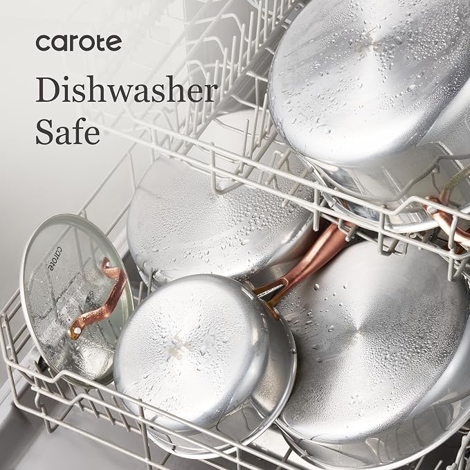 CAROTE 10" Tri-Ply Stainless Steel Deep Frying Pan with Lid, Non-Toxic Saute Pan, Oven Safe, Induction, Ceramic and Gas Cooktops Compatible, Silver