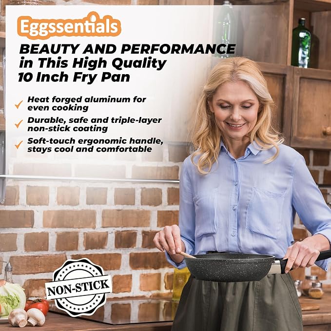 2 IN 1 Egg Poacher Pan & Large Frying Pan - Poached Egg Maker, Granite Egg Poacher with 6 Cups - Egg Pan - 10 Inch Frying Pan Nonstick Omelette Pan